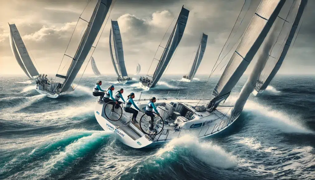 Image réaliste représentant six femmes marins participant à la course du Vendée Globe, naviguant sur un yacht de course à travers des vagues déchaînées, illustrant leur passion, leur détermination et l'esprit d'aventure de cette compétition en mer. c'est vivre sa passion!