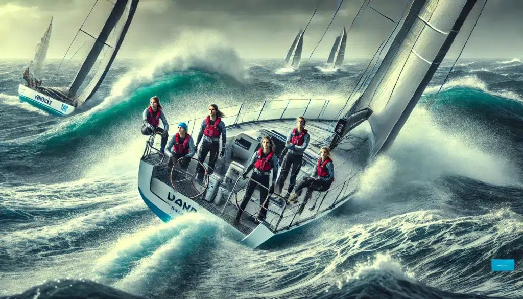 Image réaliste de six femmes marins participant à la course du Vendée Globe, naviguant sur un yacht de course à travers des vagues puissantes, illustrant leur détermination, leur passion et l'esprit d'aventure de cette compétition en mer. Vivre sa passion!