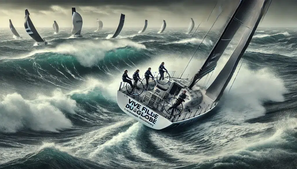 Image réaliste représentant six femmes marins dans la course du Vendée Globe, naviguant sur un yacht de course à travers des vagues tumultueuses, illustrant la passion et la détermination des participantes à cette course mythique.