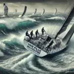 Image réaliste représentant six femmes marins dans la course du Vendée Globe, naviguant sur un yacht de course à travers des vagues tumultueuses, illustrant la passion et la détermination des participantes à cette course mythique.