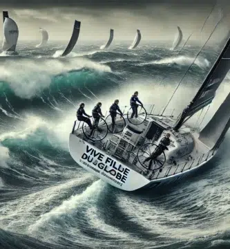 Image réaliste représentant six femmes marins dans la course du Vendée Globe, naviguant sur un yacht de course à travers des vagues tumultueuses, illustrant la passion et la détermination des participantes à cette course mythique.