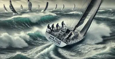 Image réaliste représentant six femmes marins dans la course du Vendée Globe, naviguant sur un yacht de course à travers des vagues tumultueuses, illustrant la passion et la détermination des participantes à cette course mythique.