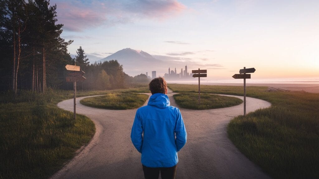 Recherche de sa voie, symbole de "comment trouver sa passion" dans un paysage calme.