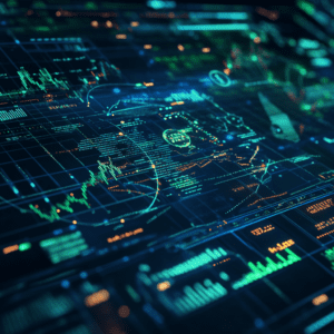 Radar financier numérique avec des graphiques et des indicateurs financiers dans un design futuriste.