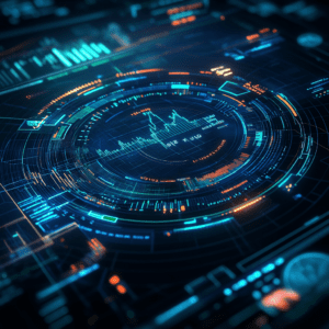 Écran de radar financier montrant les tendances du marché avec des courbes et des symboles de devises.