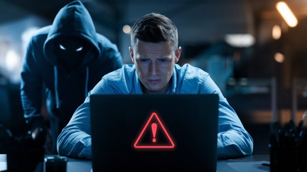 Alerte de cybersécurité sur un ordinateur, symbole de la fraude en ligne.