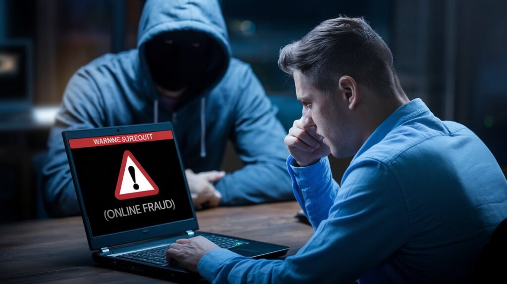 Un utilisateur piégé par une arnaque en ligne, illustration des dangers d’Internet.