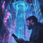 Illustration réaliste de la débancarisation sous surveillance financière, montrant un homme choqué devant une banque alors qu’un radar financier numérique scanne son empreinte digitale.