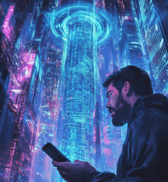 Illustration réaliste de la débancarisation sous surveillance financière, montrant un homme choqué devant une banque alors qu’un radar financier numérique scanne son empreinte digitale.