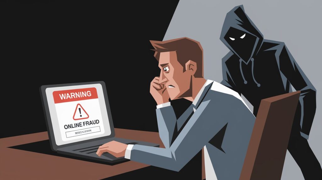 Un homme inquiet devant un écran affichant un avertissement de fraude en ligne.