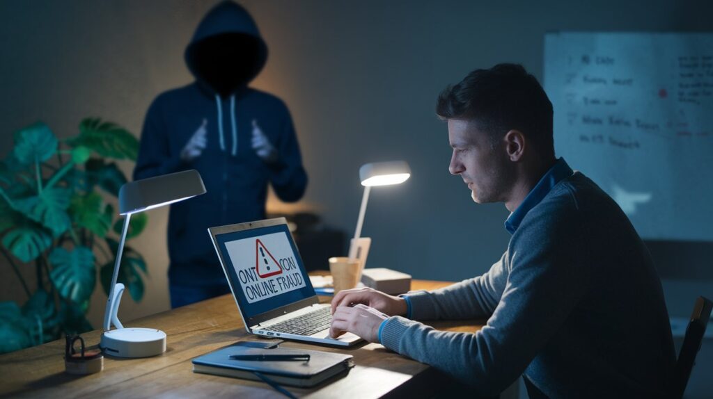 Alerte de cybersécurité sur un ordinateur, symbole de la fraude en ligne.