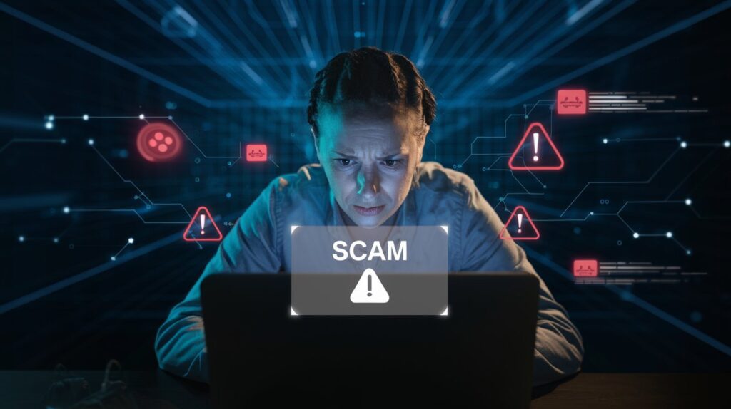 Personne inquiète devant un écran affichant une alerte d'arnaque en ligne avec des icônes de cybersécurité.