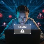 Personne inquiète devant un écran affichant une alerte d'arnaque en ligne avec des icônes de cybersécurité.