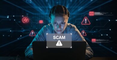 Personne inquiète devant un écran affichant une alerte d'arnaque en ligne avec des icônes de cybersécurité.
