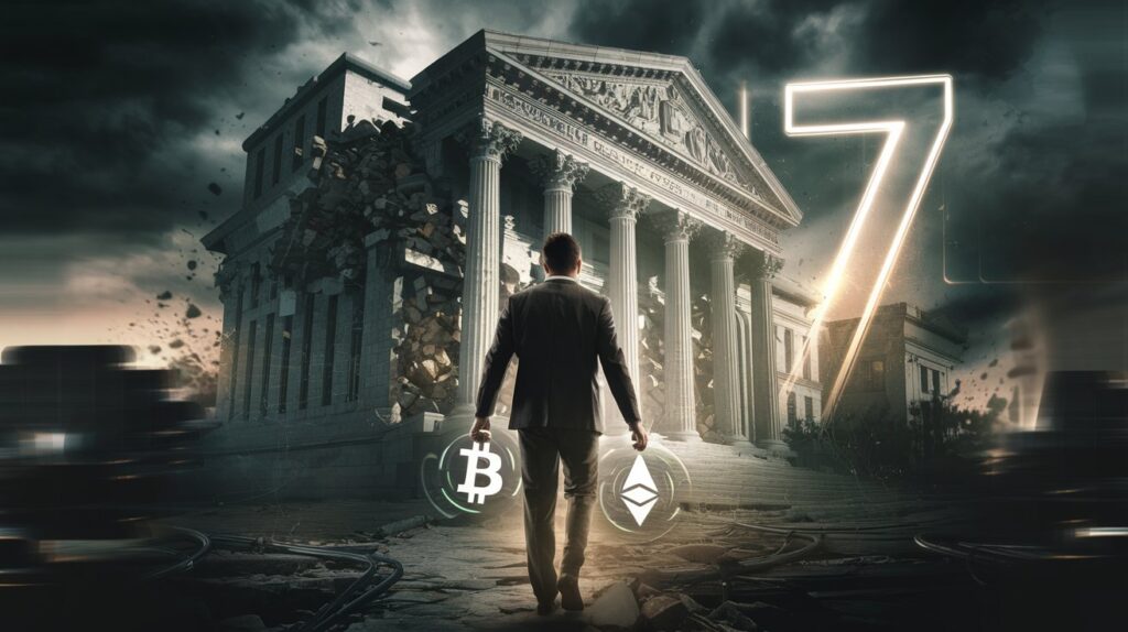 Scène futuriste illustrant la débancarisation et un monde sans banques traditionnelles.