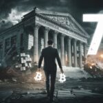 Illustration de la débancarisation avec l’effondrement d’une banque traditionnelle en arrière-plan.