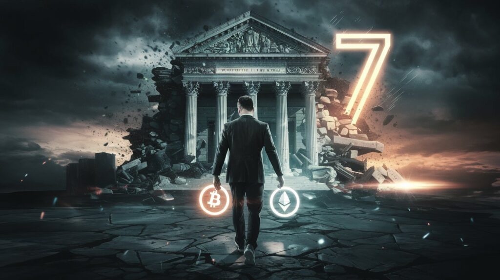 La débancarisation représentée par un homme tenant des cryptomonnaies face à une banque en ruines.
