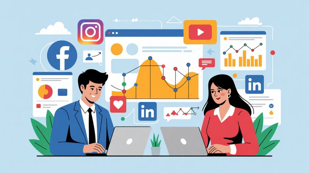 Deux experts discutant d’une stratégie de marketing de contenu pour une campagne en ligne