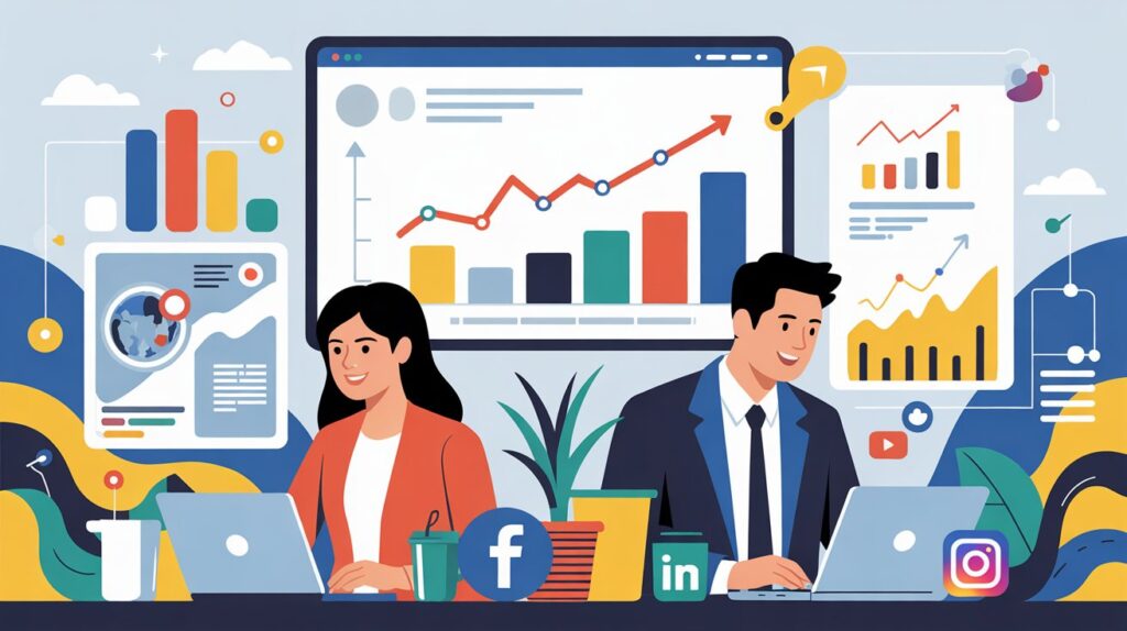 Stratégie de marketing de contenu sur les réseaux sociaux avec des graphiques et des icônes numériques